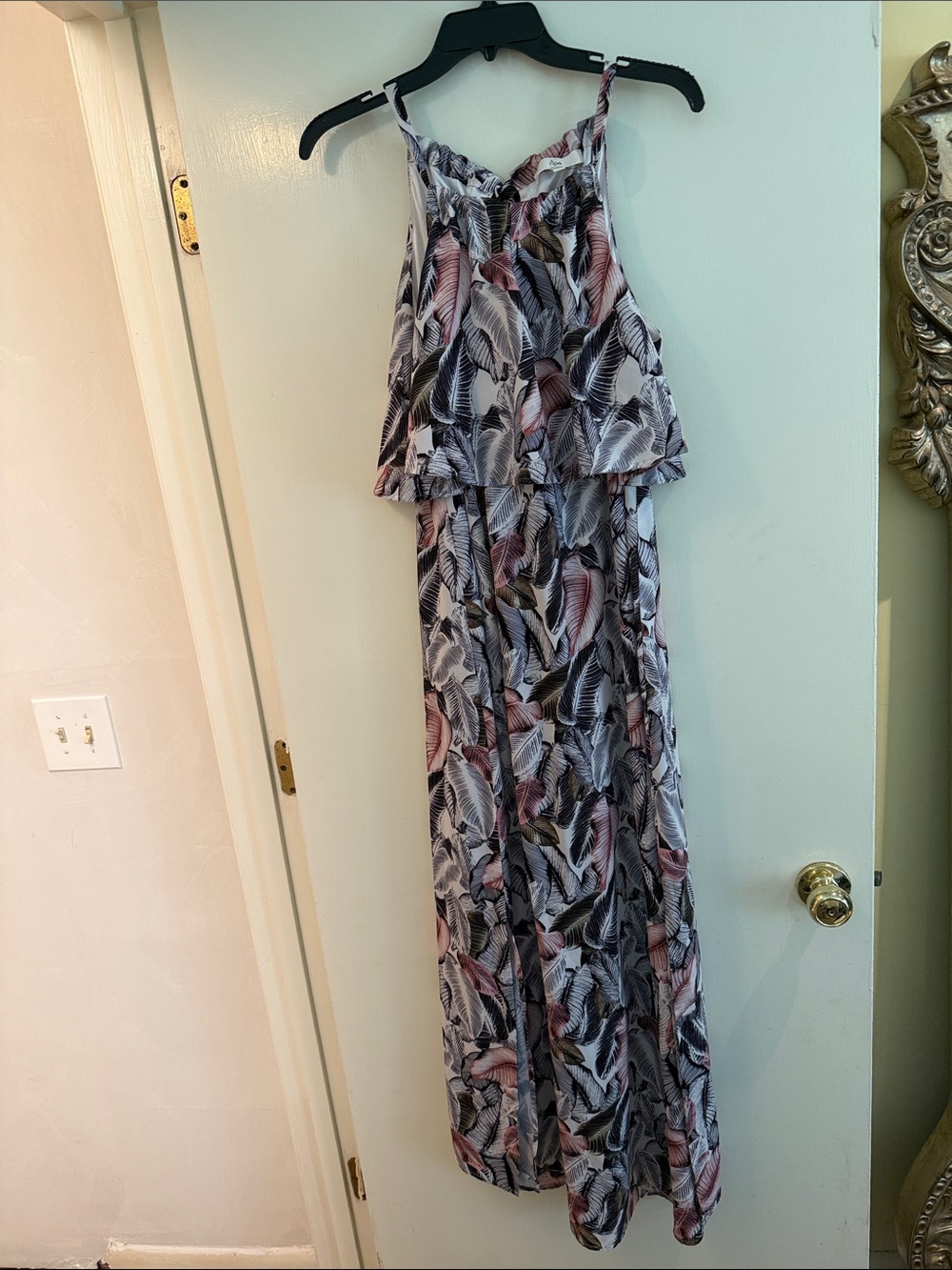 Tropical Leaf Print nursing Maxi Dress in Blush and Gray